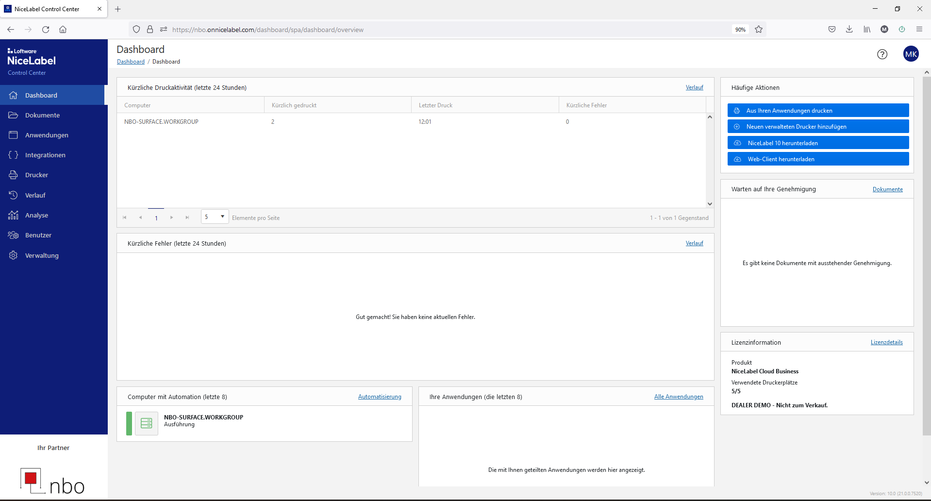 Etikettendruck mit Label Cloud - ControlCenterV10 Dashboard